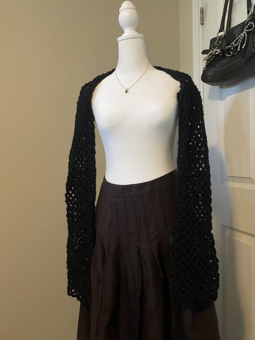 Handmade Crochet Open Work Lace Black Bolero with Long Sleeves